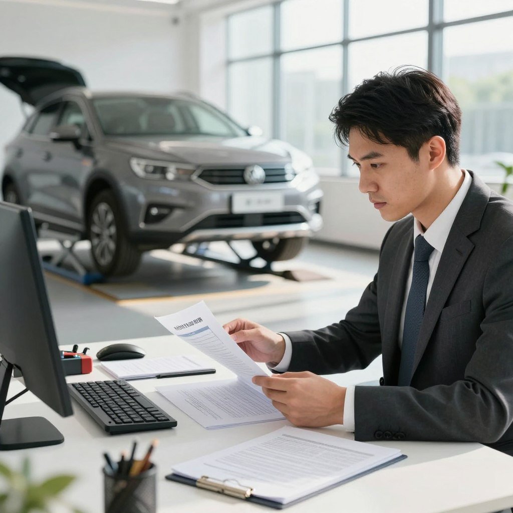 A professional setting for a vehicle assessment, showcasing a modern office environment with a sleek desk and well-organized paperwork about auto insurance and vehicle evaluations. In the foreground, a well-dressed man in a suit is reviewing a vehicle inspection report, looking focused and serious. In the middle ground, a clear view of a car on a lift for inspection, surrounded by tools and equipment, emphasizing the thoroughness of the evaluation process. The background includes large windows letting in natural light, casting soft shadows, creating a calm yet professional atmosphere. The overall mood is one of diligence and importance, highlighting the significance of vehicle assessment in relation to auto insurance compensation. The image should be bright, clear, and inviting.