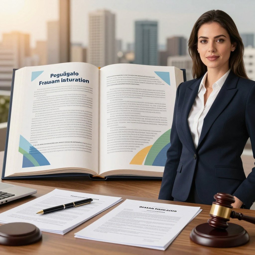 A professional setting illustrating Brazilian insurance legislation. In the foreground, a confident businesswoman in a sleek suit stands beside a table covered with legal documents and insurance policy forms, emphasizing her role in safeguarding assets. In the middle ground, an open law book displays key articles on Brazilian insurance laws, adorned with modern, abstract art symbolizing progress and protection. The background shows a subtle city skyline, representing the growth and stability insurance provides. Soft, warm lighting creates a welcoming atmosphere while a focused lens brings clarity to the essential elements, inviting viewers to grasp the importance of legal frameworks in insurance. The overall mood is authoritative yet approachable, highlighting the guidance and security offered by Brazilian legislation.