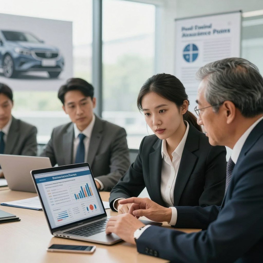 A professional setting illustrating car insurance variations based on age, featuring a diverse group of individuals in business attire. In the foreground, two individuals, a young woman and an older man, are engaged in a discussion over an open laptop, analyzing data charts showcasing driving history impacts on insurance rates. The middle ground showcases a sleek, modern office environment with a large window, letting in soft, natural light, which creates a warm and inviting atmosphere. In the background, blurred images of car models and insurance policy documents add context to the theme. The lens captures the scene at eye level, emphasizing the collaborative nature of making informed insurance decisions. The mood is focused, yet approachable, suitable for a professional audience.