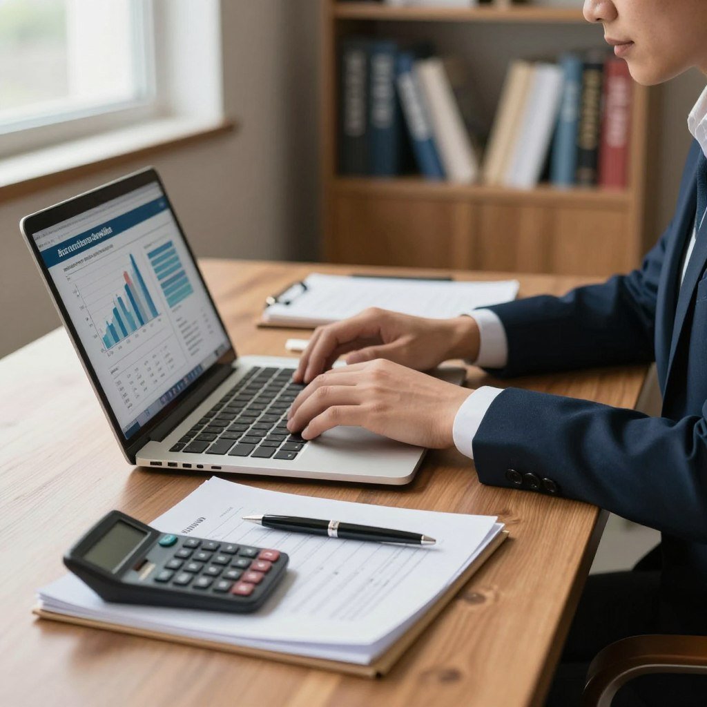 A professional setting showcasing a detailed calculation of auto insurance deductibles, with a sleek wooden desk in the foreground displaying an open laptop, with graphs and charts on the screen. On the desk, there are neatly stacked papers with calculations and a calculator, with a stylish pen beside them. In the middle ground, a person dressed in business attire, engaged in focused work, typing on the laptop and taking notes. A soft, ambient light fills the room, coming from a nearby window, creating a warm and inviting atmosphere. In the background, a blurred bookshelf stocked with insurance books and materials, enhancing the setting's professionalism. The overall mood is analytical and constructive, emphasizing thorough knowledge and expertise in auto insurance deductible calculations.