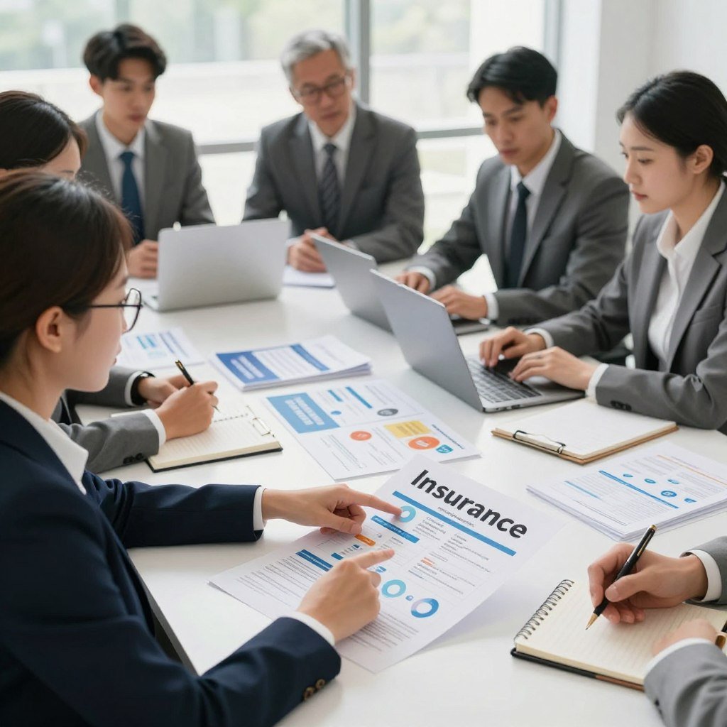 A professional setting showcasing a diverse group of individuals in business attire, gathered around a table with documents and laptops, representing the process of choosing the ideal insurance. In the foreground, a woman with glasses points at a detailed infographic on insurance types, while a man, taking notes, is engaged in the discussion. In the middle ground, various insurance brochures are neatly arranged, displaying clear visuals and informative graphics. The background features a large window with natural light flooding in, creating a bright and inviting atmosphere. Soft shadows enhance the details on the table, while the overall mood conveys professionalism and collaboration, emphasizing thoughtful decision-making about insurance.