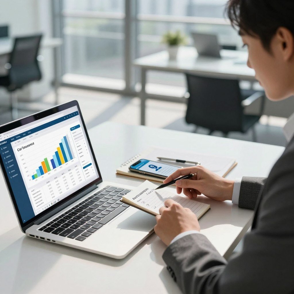 A professional setting where an individual in business attire is calculating car insurance costs at a sleek, modern desk. The foreground features a laptop displaying an insurance calculator interface with graphs and numbers. In the middle, a notepad with handwritten notes about vehicle specifications and coverage options lies beside a smartphone showing a call to an insurance agent. The background reveals a stylish office with large windows letting in natural light, casting soft shadows. The atmosphere conveys focus and professionalism, emphasizing clarity and precision in calculating auto insurance values. The lighting is bright and inviting, highlighting the subject's concentration and the modern aesthetic of the workspace.
