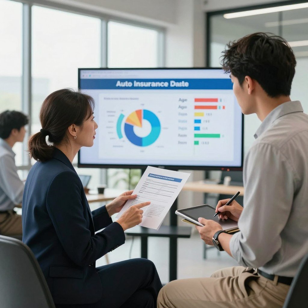 A professional setting with a diverse group of individuals discussing auto insurance options. In the foreground, a middle-aged woman, dressed in smart business attire, is explaining a document detailing auto insurance quotes. Beside her, a young man in casual yet professional clothing listens attentively, taking notes on a tablet. In the middle ground, a large screen displays colorful graphs and tables showing auto insurance rates segmented by age groups. The background features a modern office with large windows letting in bright, natural light, creating an open and inviting atmosphere. The overall mood is focused and informative, emphasizing the importance of understanding auto insurance choices based on age.