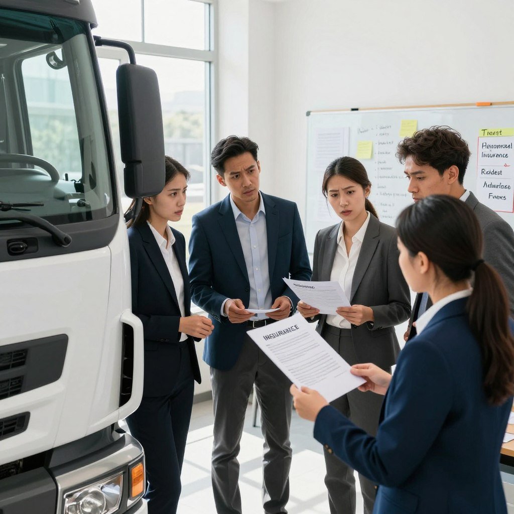 A professional setting with a truck prominently displayed in the foreground, showcasing various symbols of common mistakes when hiring truck insurance, such as confusion over paperwork, hidden fees, and miscommunication with agents. In the middle, a diverse group of business professionals, dressed in smart, business attire, are engaged in a discussion over a large insurance document, displaying expressions of concern and curiosity. In the background, an office environment with stacks of paperwork, and a whiteboard filled with notes highlighting key points about insurance misconceptions. Bright, natural lighting filters in through a window, creating a clear and vibrant atmosphere that conveys the importance of understanding truck insurance. The angle is slightly above eye level, inviting viewers into the scene while emphasizing the serious nature of the topic.