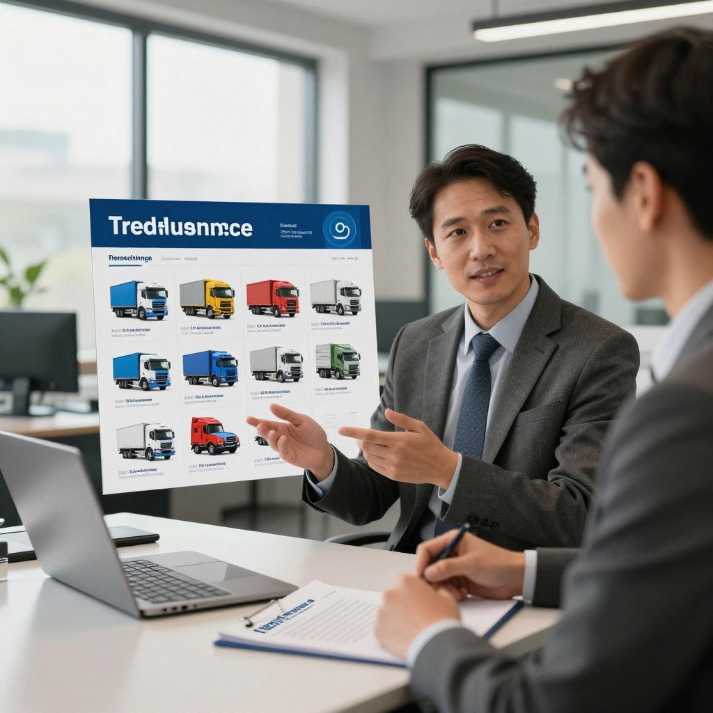 A professional truck insurance office scene, showcasing a confident insurance agent in business attire discussing options with a truck owner. In the foreground, a sleek desk with insurance documents and a laptop, conveying a sense of professionalism. In the middle, a large, well-organized display of various truck models on brochures, illustrating the types of vehicles covered by insurance. In the background, a modern office with large windows allowing natural light to flood in, enhancing the atmosphere of trust and security. The lighting is warm and inviting, with a focus on creating a reassuring mood that highlights the benefits of having truck insurance.