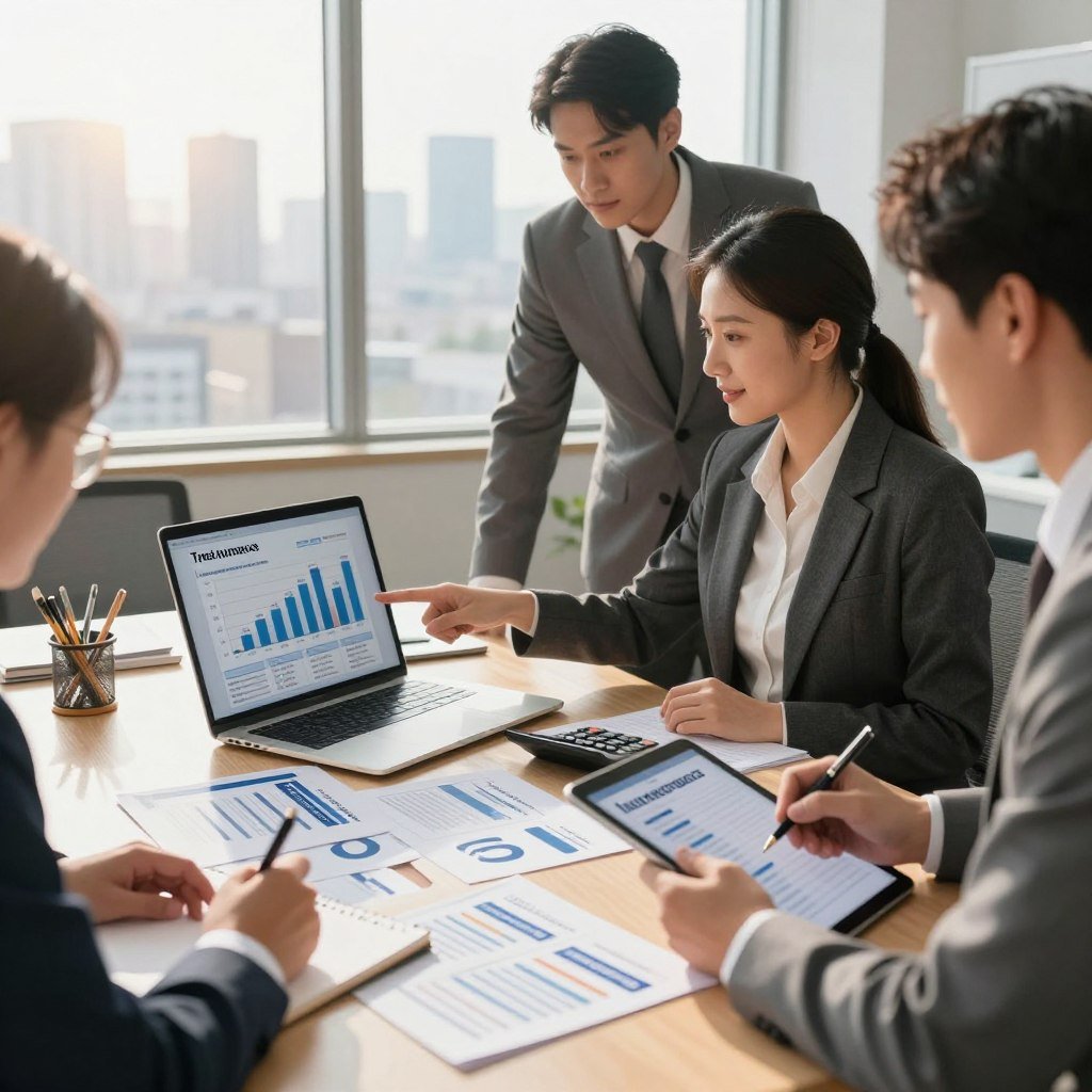 A professional, well-lit office environment showcasing a group of business professionals analyzing truck insurance options. In the foreground, a confident businesswoman in professional attire is pointing at a laptop screen displaying a graph of insurance price comparisons. Beside her, a businessman is taking notes, holding a tablet with insurance details. The middle ground features a large table cluttered with brochures from various truck insurance companies and a calculator. The background shows a large window with a city skyline, suggesting a busy urban setting. Natural sunlight streams in, creating a warm and inviting atmosphere while reflecting the serious nature of financial decisions. The overall mood conveys focus and professionalism, ideal for an informative article.