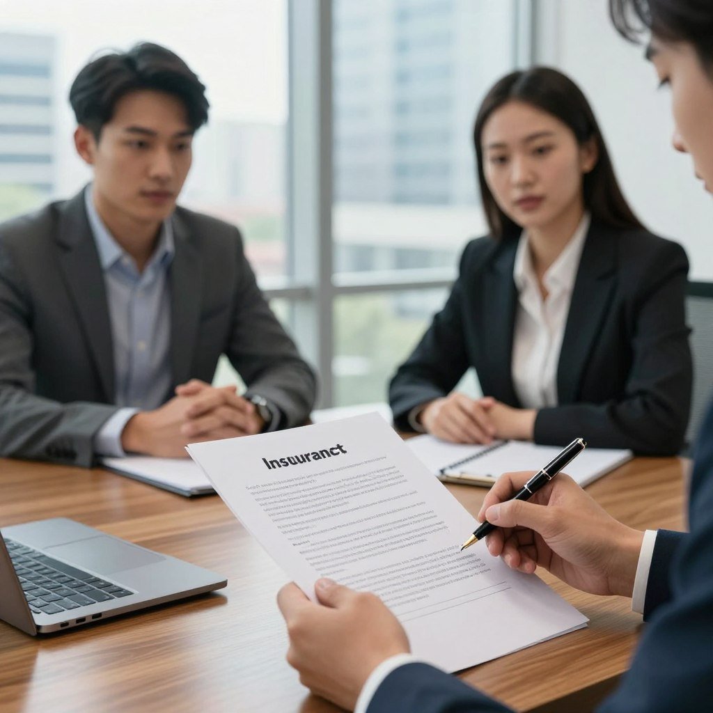 A professional, well-lit scene depicting a car insurance contract being reviewed by a diverse group of two business professionals in a modern office. In the foreground, a close-up on hands holding a contract document, with a fountain pen poised to make notes. In the middle ground, the two professionals, one male and one female, are seated across from each other at a sleek, polished wooden table, both dressed in smart casual attire. They express a focused and engaged demeanor, emphasizing the importance of discussing the contract details. The background features a large window with soft, natural daylight streaming in, showcasing a cityscape that adds a metropolitan atmosphere. The overall mood should be serious yet collaborative, highlighting the significance of understanding the insurance contract.
