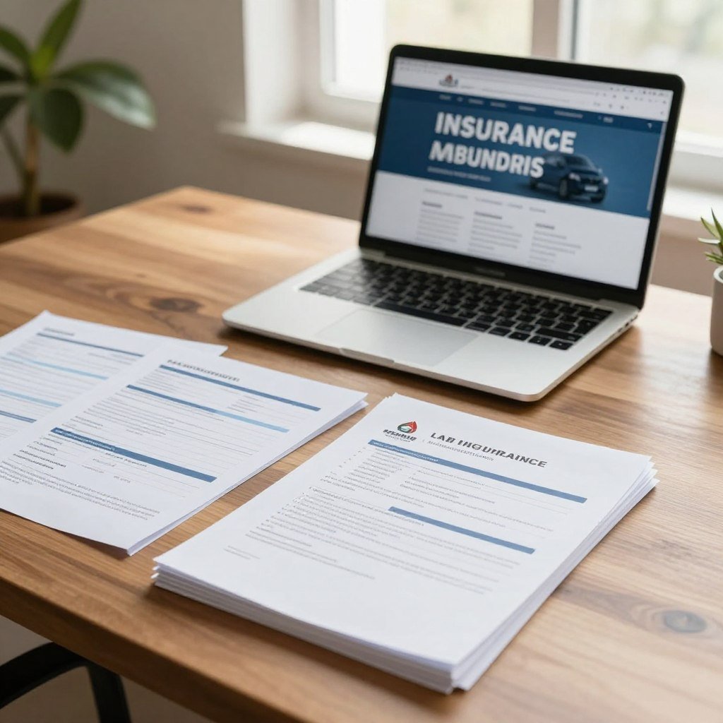 A professional workspace featuring essential documents for car insurance applications, positioned prominently on a sleek wooden desk. In the foreground, a neatly organized stack of paperwork, including policy forms and identification documents. A laptop with an insurance comparison website open in the middle background, softly illuminated by warm, natural light from a nearby window. An elegant indoor plant adds a touch of greenery to the scene. The overall atmosphere is calm and focused, evoking a sense of organization and efficiency. The angle is slightly elevated, capturing both the documents and the laptop screen clearly, with a shallow depth of field that blurs the background gently, emphasizing the importance of the paperwork.