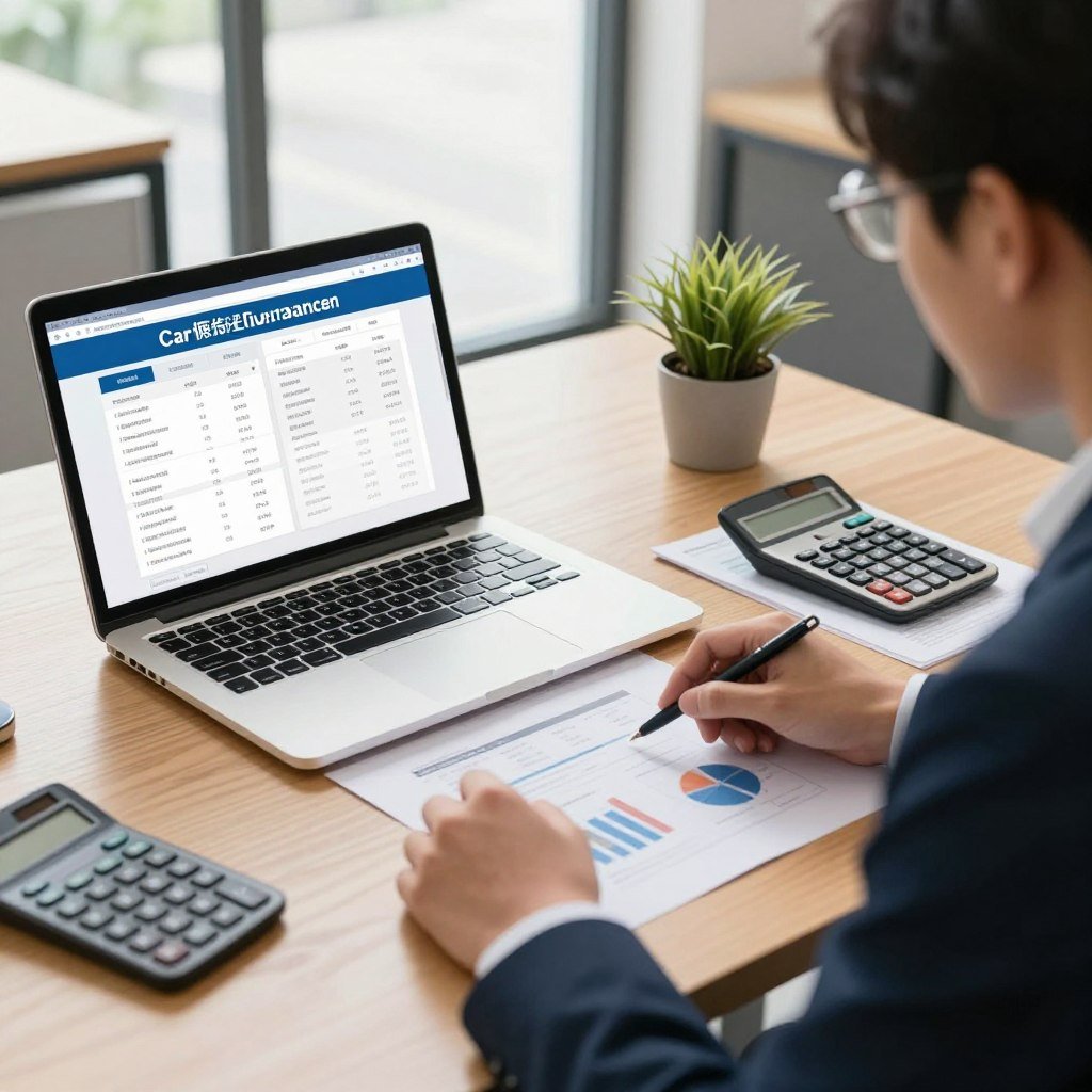A professional workspace focused on car insurance comparison, featuring a modern desk with a laptop displaying various insurance quotes on the screen. In the foreground, a person in smart business attire is analyzing the information, with charts and graphs visually accessible. The middle ground includes printed documents and a calculator, accentuating the research process. The background showcases a bright office with large windows allowing natural light to flood in, highlighting a small indoor plant for a touch of greenery. The mood is focused and analytical, conveying a sense of diligence and the importance of making informed choices about car insurance. The image should be well-lit, with a warm and inviting atmosphere, emphasizing professionalism and clarity.