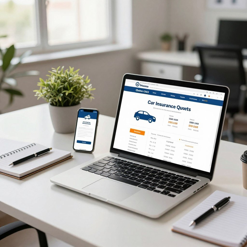A professional workspace illustrating the concept of online car insurance quotes. In the foreground, a modern laptop displays an interactive insurance comparison website with charts and prices. Beside it, a notepad and a pen suggest preparation and note-taking. In the middle, a clean desk setup with a minimalist design, featuring a plant and a smartphone showing a notification related to car insurance. The background features a bright, open office space with large windows that allow natural light to flood in, creating an inviting atmosphere. The overall mood is focused and informative, with warm lighting that enhances the sense of professionalism and clarity. The angle is slightly above the desk, providing a clear view of the laptop screen, emphasizing the importance of online research in the insurance selection process.