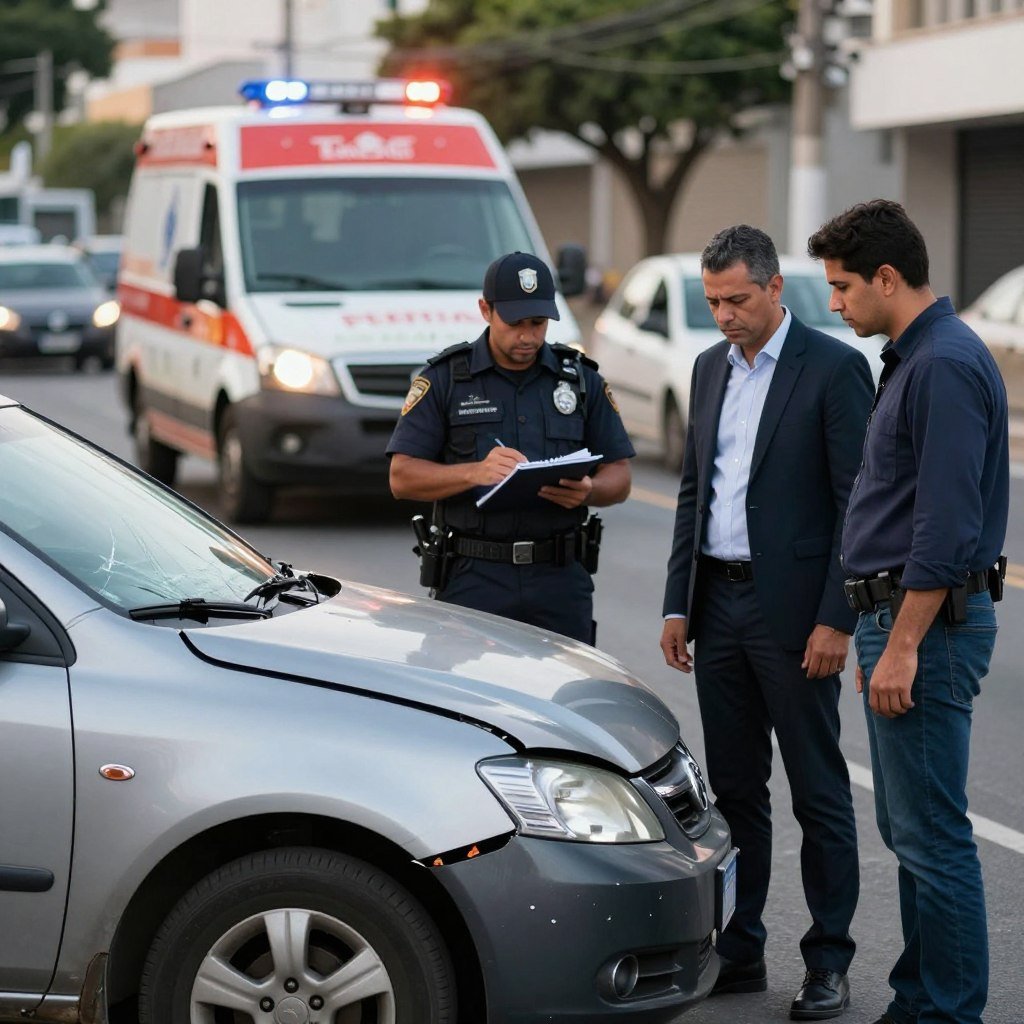 A scene depicting a car accident aftermath on a city street in Brazil. In the foreground, a slightly damaged sedan with crumpled fenders and shattered glass, with two individuals in professional attire discussing the situation, displaying concern but calmness. In the middle ground, a police officer is taking notes and assessing the scene, while an ambulance is arriving in the background, its lights flashing softly. The setting is during daytime, with natural sunlight casting soft shadows. The mood is tense yet controlled, reflecting the seriousness of the situation but also the procedural response to the incident. Ensure the focus is sharp on the foreground subjects, with a shallow depth of field enhancing the emotional impact of the scene.
