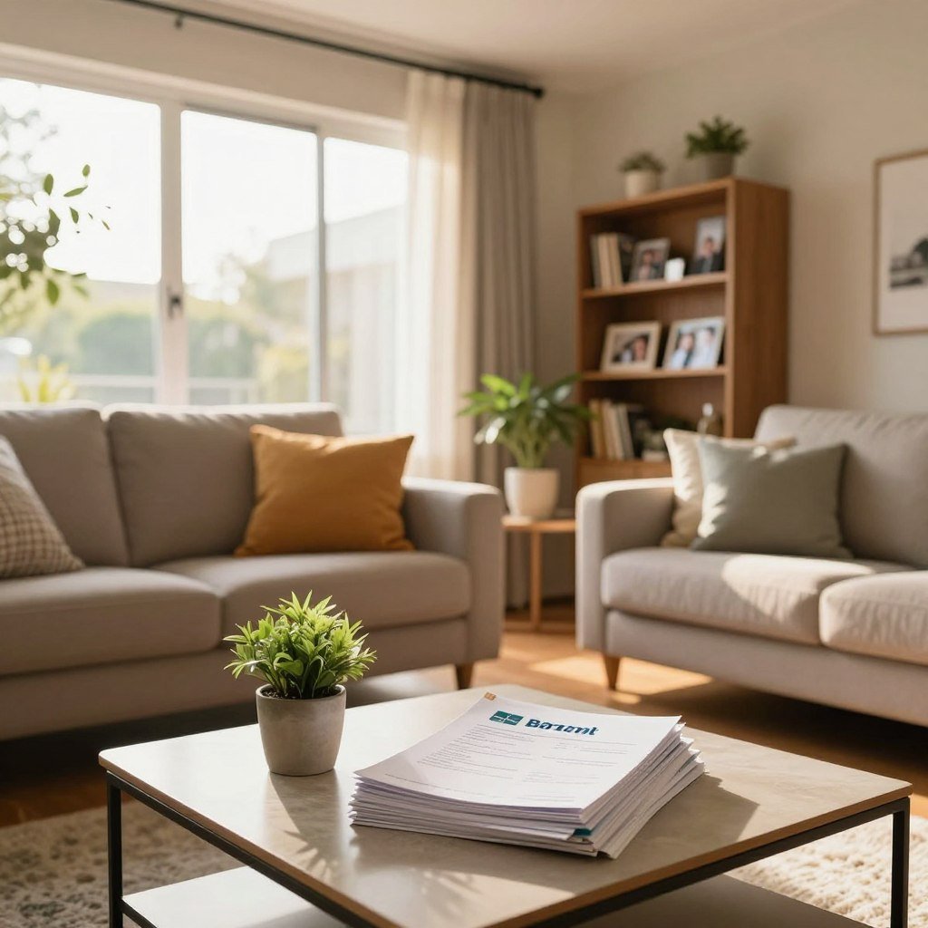 A serene living room interior that symbolizes home insurance in Brazil, featuring a cozy atmosphere. In the foreground, a modern coffee table stacked with home-related documents and a small plant. The middle ground showcases a well-furnished space, including a comfortable sofa adorned with colorful cushions and a neatly arranged bookshelf filled with family photos and books. In the background, a large window allows soft, warm sunlight to stream in, illuminating the room with a peaceful glow. The overall mood is inviting and secure, evoking feelings of safety and protection. Use a wide-angle lens to capture the entire room, emphasizing the warmth and comfort of a secure home environment.