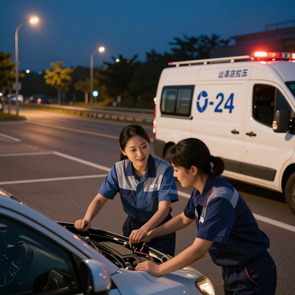 A serene nighttime scene showcasing a professional roadside assistance service for car insurance. In the foreground, a friendly, well-dressed female technician in a uniform is helping a driver with a car issue beside a modern vehicle. The driver appears relieved and grateful, reflecting trust in the service. In the middle ground, a well-lit roadside assistance vehicle with the company logo is parked nearby, its emergency lights flashing. The background features a dimly lit highway, adorned with gentle street lamps that cast a warm glow, ensuring visibility. The overall atmosphere should convey support, safety, and professionalism, capturing the essence of 24-hour assistance. The perspective should be slightly elevated, giving an expansive view of the scene, creating an inviting and reassuring mood.