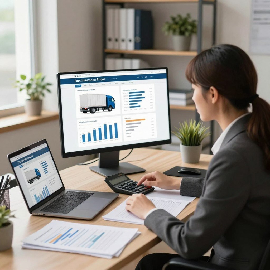 A serene office environment focusing on calculating truck insurance prices. In the foreground, a professional young woman in business attire is seated at a modern desk cluttered with documents, a calculator, and a laptop displaying an insurance comparison website. In the middle, a large screen shows graphs and charts comparing different insurance rates for trucks. The background features shelves with books on finance and insurance, along with a potted plant adding a touch of greenery. Soft, warm lighting creates a welcoming atmosphere, with natural light streaming in from a window on the side. The angle is slightly elevated, emphasizing the focus on the desk while capturing the entire workspace. The overall mood is analytical and focused, suitable for a serious discussion about insurance pricing.