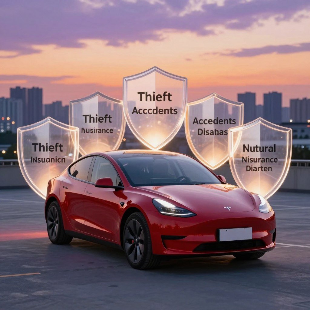 A sleek, modern car surrounded by protective shields that symbolize comprehensive insurance coverage. In the foreground, a shiny, well-maintained vehicle in a bold color parked under a soft, warm light. The middle ground features transparent, glowing shields that appear to envelop the car, representing various protections like theft, accidents, and natural disasters. In the background, a blurred city skyline at sunset adds depth and context, with soft orange and purple hues in the sky. The atmosphere is reassuring and secure, creating a sense of safety and protection. Aim for a slightly elevated angle to capture the scene effectively, enhancing the car's appeal and the symbolism of safeguarding.