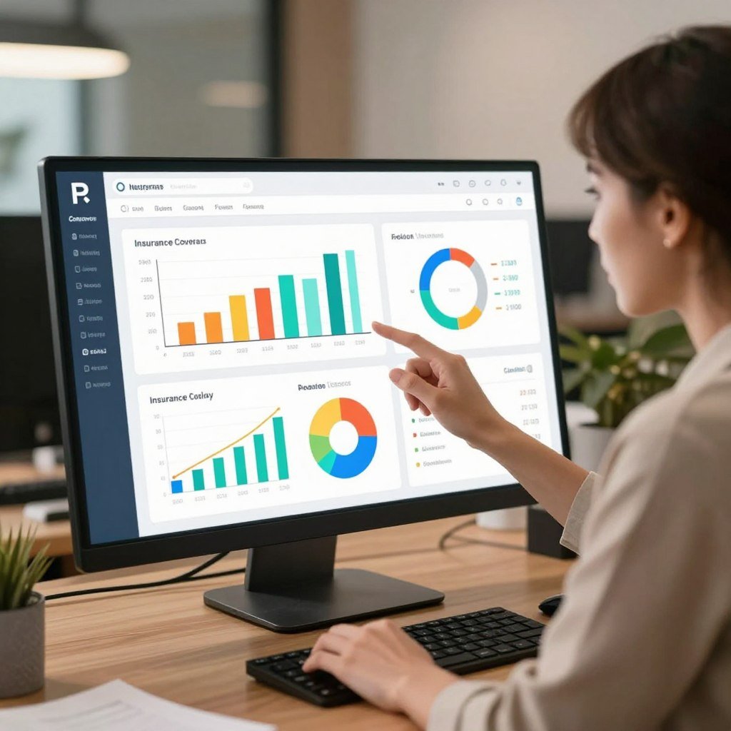 A sleek, modern comparison tool interface displaying various automotive insurance options, set on a desktop. In the foreground, a professional-looking woman in smart casual attire studies the screen with a focused expression, highlighting the personal aspect of choosing insurance. In the middle, the interface features vivid graphs and charts that illustrate different insurance coverages, displayed in vibrant colors for clarity. In the background, a softly blurred office environment with warm lighting creates an inviting atmosphere, suggesting a sense of professionalism and trust. The angle captures the woman and her interaction with the tool, emphasizing engagement and decision-making in a safe, work-friendly context.