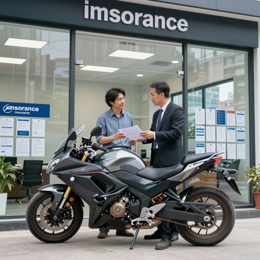 A sleek motorcycle parked in front of a modern insurance office with glass windows. In the foreground, a confident insurance agent dressed in professional business attire is discussing options with a satisfied customer, who is dressed in casual but neat clothing. The office interior features bright lighting and organized displays of insurance materials, enhancing a sense of professionalism. In the background, a cityscape visible through the office windows showcases a vibrant urban environment. The atmosphere is inviting, professional, and reassuring, conveying trust and expertise in choosing the right motorcycle insurance broker. Shot with a slightly low angle to emphasize the importance of the motorcycle while maintaining clarity of the office setting.