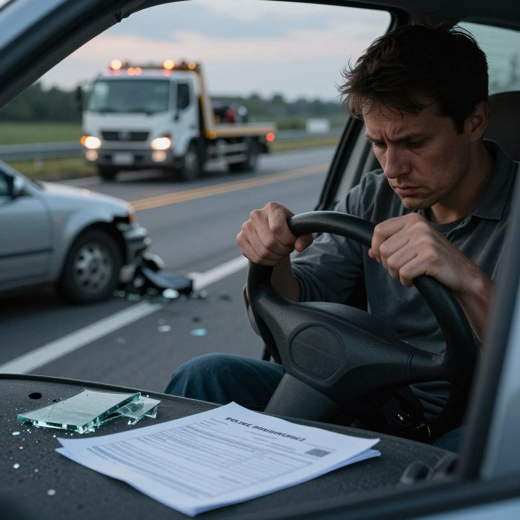 A somber and reflective scene illustrating the risks of driving without insurance. In the foreground, a worried driver in modest casual clothing is seated in a car, holding the steering wheel tightly, with a furrowed brow. The middle ground features a road with subtle signs of an accident—a crumpled fender, shattered glass, and an empty police report form lying on the pavement. In the background, a blurred image of an approaching tow truck with flashing lights emphasizes urgency and distress. The lighting is soft and moody, suggesting a late afternoon with gray, overcast skies casting muted shadows. The atmosphere conveys a sense of anxiety and caution, highlighting the consequences of driving without proper insurance coverage.