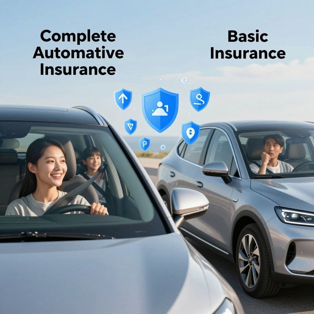 A split-image design showcasing the concept of "Complete Automotive Insurance" versus "Basic Insurance." In the foreground, on the left, a family joyfully riding in a modern, sleek car, wearing seatbelts and smiling, reflecting a sense of security and happiness. On the right, a simpler car with a single driver looking unsure, depicting lesser coverage. In the middle, visually striking graphics of shields and icons representing various insurance features (like roadside assistance, accident coverage, and theft protection) hover between the two cars. The background features a sunny day with a clear blue sky, enhancing a mood of peace and reassurance. Soft, even lighting creates a welcoming atmosphere, with a slight depth of field to keep the focus sharply on the insurance concepts.