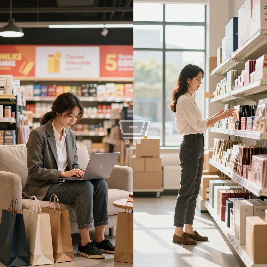 A split scene illustrating the comparison between online and physical shopping. In the foreground, on the left side, a customer in professional business attire uses a laptop, surrounded by shopping bags, with bright, warm lighting that conveys a cozy home environment. On the right side, a shopper, also in professional attire, examines products on a store shelf, under natural daylight streaming through large windows, creating an inviting atmosphere. In the middle, a clear division separates the two shopping experiences, with faint icons representing online shopping (like carts and apps) and physical shopping items. The background features a digital marketplace with vibrant offers and a bustling store filled with various goods. The overall mood is dynamic, reflecting the excitement of finding the best deals.