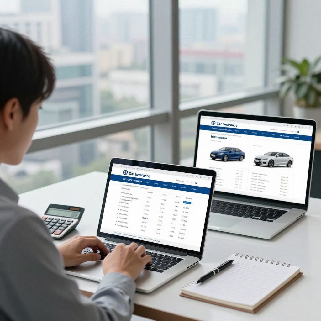 A split-screen image illustrating the process of comparing car insurance prices. In the foreground, a professional-looking person in business attire is sitting at a modern office desk, focused on a laptop displaying comparative insurance websites. On one side, a calculator and notepad with notes on key features like coverage types and prices are visible. In the middle, a large window reveals a cityscape, adding depth to the scene, while on the other side, an open laptop screen highlights various car models and their insurance rates. The background is softly blurred to keep attention on the foreground. The lighting is bright and inviting, conveying a clear and informative atmosphere, ideal for financial decision-making.