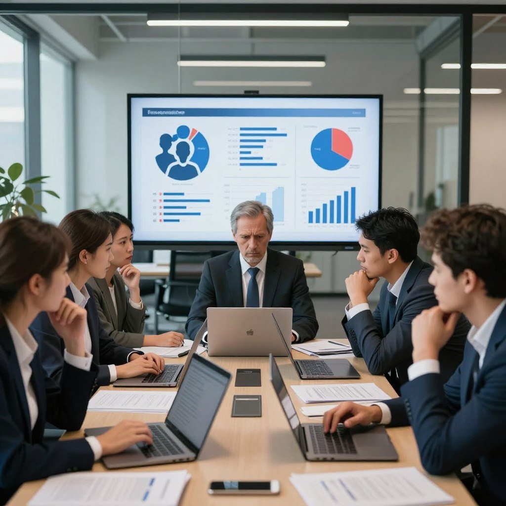 A thoughtful business meeting scene illustrating the disadvantages of technology in modern society. In the foreground, a diverse group of professionals, dressed in business attire, engage in a discussion around a conference table filled with laptops and paperwork, highlighting expressions of concern and contemplation. In the middle, a large digital display shows stats and graphs illustrating negative impacts, such as decreased face-to-face communication and increased stress levels. The background reveals an open office environment with large windows, allowing natural light to stream in, creating a stark contrast to the tense atmosphere inside. The overall mood is serious and reflective, capturing the complexities of technology's role in work-life balance.