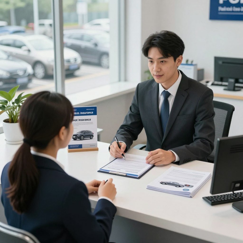 A trustworthy vehicle insurance company office, showcasing a professional and welcoming atmosphere. In the foreground, a well-dressed insurance agent, in a tailored suit, is discussing policy options with a satisfied customer, both appearing engaged and friendly. In the middle ground, a sleek, modern reception desk with brochures on car insurance prominently displayed. The background features large windows letting in soft, natural daylight, with a view of cars parked outside, symbolizing protection and trust. The overall mood is reassuring and professional, highlighting the importance of selecting the best car insurance. The image is shot in a slightly elevated angle with a focus on the interaction, capturing the essence of reliability and customer service in the vehicle insurance sector.