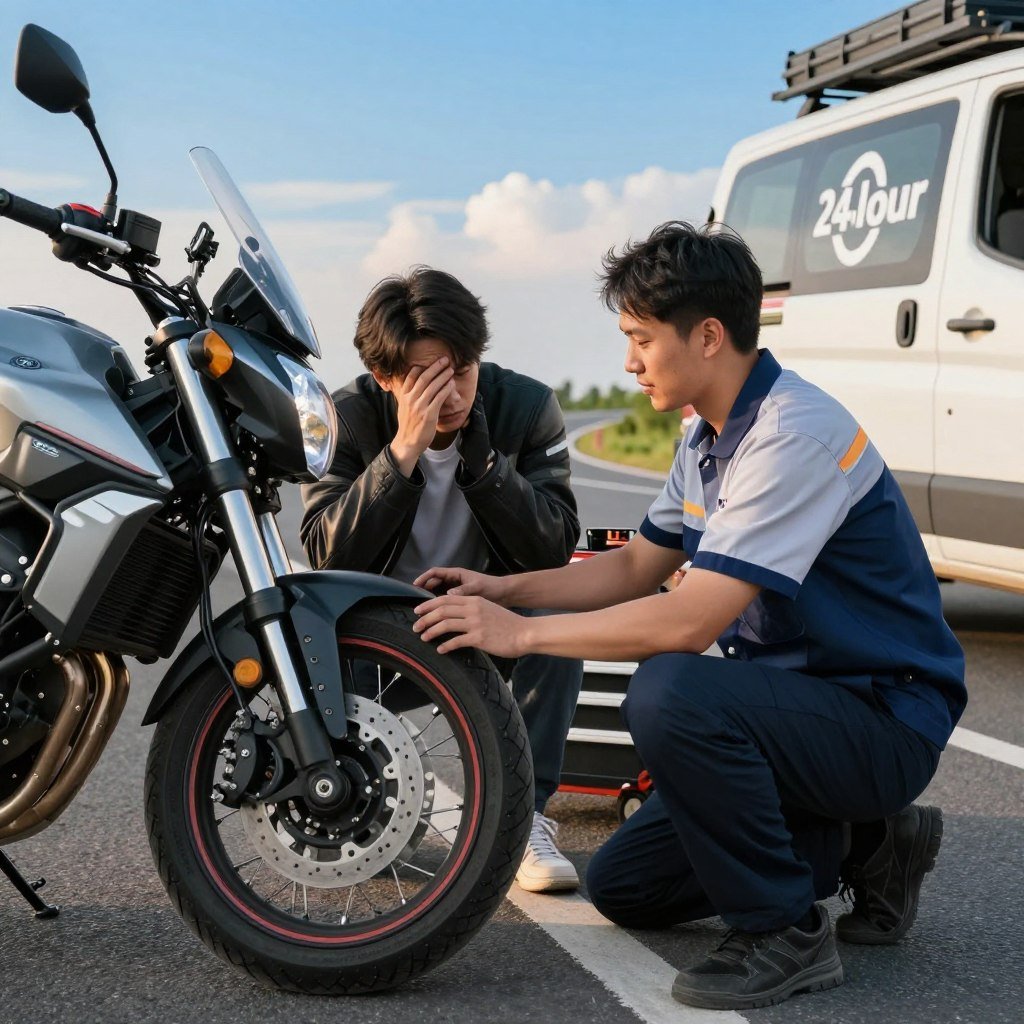 A vibrant and dynamic scene illustrating a motorcycle roadside assistance scenario. In the foreground, a friendly, professional-looking assistance technician wearing a branded uniform is kneeling beside a modern motorcycle that has a flat tire. The technician is engaged in helping a distressed motorcyclist, who is dressed in casual riding gear, demonstrating a collaborative atmosphere. In the middle ground, an open toolbox and a service vehicle with a clear logo are visible, emphasizing the 24-hour service aspect. The background features a winding road under a bright blue sky, with a hint of sunset hues, creating an inviting and reassuring ambiance. The lighting is warm and natural, enhancing the feeling of safety and reliability in this moment of assistance.