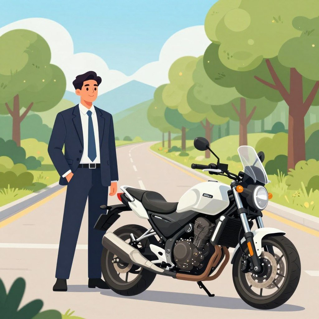 A vibrant and engaging illustration showcasing the benefits of motorcycle insurance. In the foreground, a modern motorcycle gleams under natural light, exuding a sense of protection and adventure. To the left, a smiling person in professional business attire stands confidently beside the bike, representing the insured motorcycle owner. In the middle ground, a serene park scene unfolds, with trees and a well-maintained road, symbolizing safe journeys. The background features a clear blue sky and distant mountains, evoking a sense of freedom and exploration. The lighting is warm and inviting, creating a positive and reassuring atmosphere. The image conveys trust, safety, and a sense of belonging, aligning perfectly with the theme of motorcycle insurance benefits.