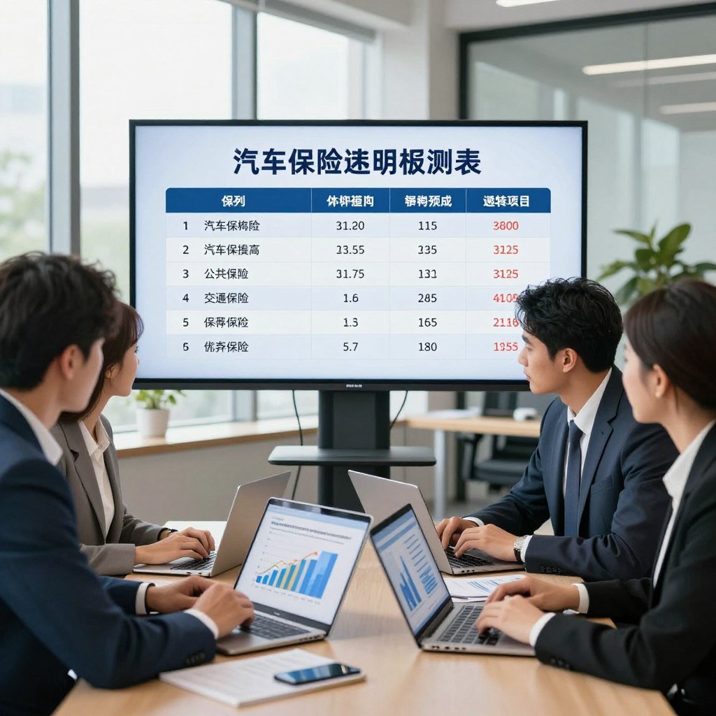 A vibrant and informative scene depicting a professional setting for comparing automobile insurance. In the foreground, a diverse group of three individuals in business attire (two men and one woman) are gathered around a table with laptops open, showcasing graphs and charts of different insurance policies. The middle ground features a large screen displaying key features of auto insurance plans, including coverage options and pricing comparisons. The background shows a modern office space with large windows, allowing natural light to flood the area, creating a bright and inviting atmosphere. The overall mood is focused and collaborative, emphasizing decision-making and analysis in selecting the ideal car insurance. The composition should be balanced and visually engaging, capturing the essence of informed choices in the insurance sector. A vibrant and informative scene depicting a professional setting for comparing automobile insurance. In the foreground, a diverse group of three individuals in business attire (two men and one woman) are gathered around a table with laptops open, showcasing graphs and charts of different insurance policies. The middle ground features a large screen displaying key features of auto insurance plans, including coverage options and pricing comparisons. The background shows a modern office space with large windows, allowing natural light to flood the area, creating a bright and inviting atmosphere. The overall mood is focused and collaborative, emphasizing decision-making and analysis in selecting the ideal car insurance. The composition should be balanced and visually engaging, capturing the essence of informed choices in the insurance sector.