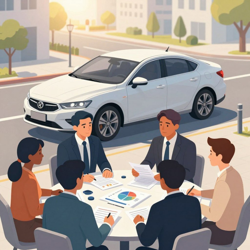 A vibrant and professional illustration depicting the benefits of car insurance. In the foreground, showcase a diverse group of individuals in smart business attire, engaging in a discussion around a table filled with documents and charts, representing security and financial planning. In the middle ground, a sleek, modern car is parked, symbolizing protection and peace of mind. The background features a sunlit urban landscape with safe, well-maintained streets. Use soft, natural lighting to create a warm and inviting atmosphere. Capture this scene from a slightly elevated angle to provide a comprehensive view, promoting a sense of empowerment and advantage that comes with having car insurance.