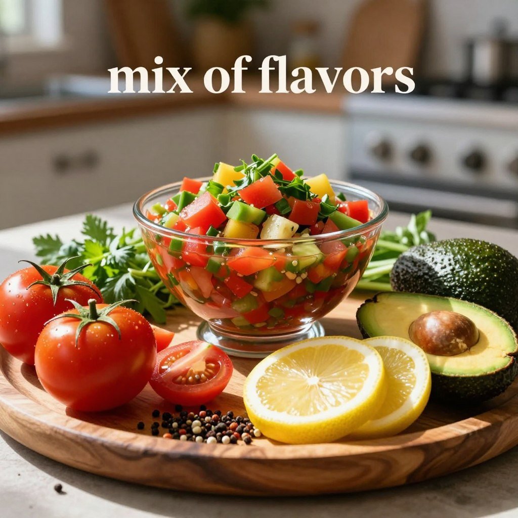 A vibrant close-up of an artistic arrangement showcasing a "mix of flavors." In the foreground, a wooden platter beautifully displays an array of colorful ingredients: ripe tomatoes, fresh herbs, zesty lemons, avocados, and assorted spices, each vividly detailed and inviting. The middle ground features an elegant glass bowl with a glossy, mouth-watering salsa, its vibrant colors reflecting the light. In the background, soft-focus kitchen elements such as a rustic countertop and a cozy, warmly lit environment enhance the atmosphere. Natural sunlight filters in, casting gentle shadows and highlighting the textures of the ingredients. The mood is lively and inviting, evoking a sense of culinary exploration and delight.