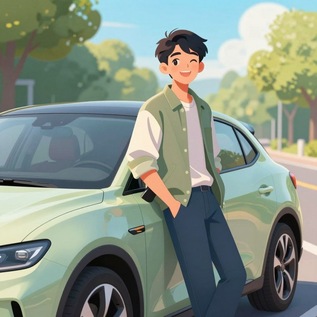 A vibrant illustration of a young driver confidently standing next to a modern, sleek car, symbolizing youthful energy and independence. The foreground features the driver, dressed in casual yet smart clothing, leaning against the vehicle, with a happy and relaxed expression. In the middle, the car's shiny exterior reflects the sunlight, showcasing its sporty design and bright color, emphasizing its appeal to young drivers. The background depicts a picturesque street lined with trees and clear blue skies, creating an uplifting and positive atmosphere. Soft, warm lighting highlights the scene, evoking feelings of safety and assurance. The angle is slightly low, enhancing the dynamism of the young driver and car, while maintaining a clean and professional composition, free of any distractions or text.