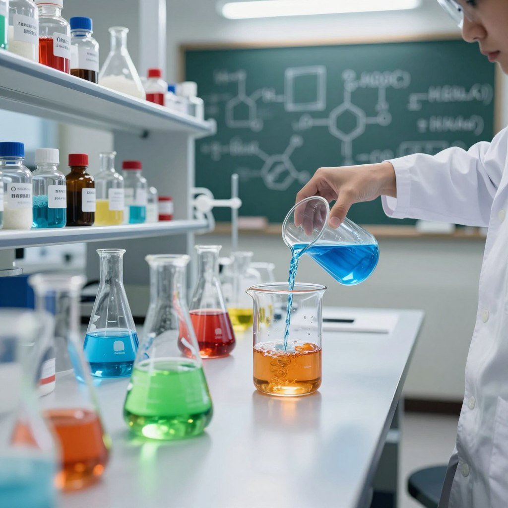 A vibrant laboratory scene depicting various chemical mixtures in glass beakers and flasks, filled with colorful liquids that swirl and bubble. In the foreground, a chemist in a lab coat carefully pours a bright blue solution into a beaker, while another beaker has luminous green liquid being stirred. The middle ground features shelves lined with labeled jars of powdered chemicals and more glassware, showcasing the diversity of substances used in mixtures. In the background, a chalkboard filled with chemical equations and diagrams glows softly under bright, focused lighting, creating an atmosphere of scientific exploration and discovery. The perspective is slightly elevated to capture the depth of the lab, evoking a mood of curiosity and innovation. The image should be well-lit, with a focus on clarity and detail.