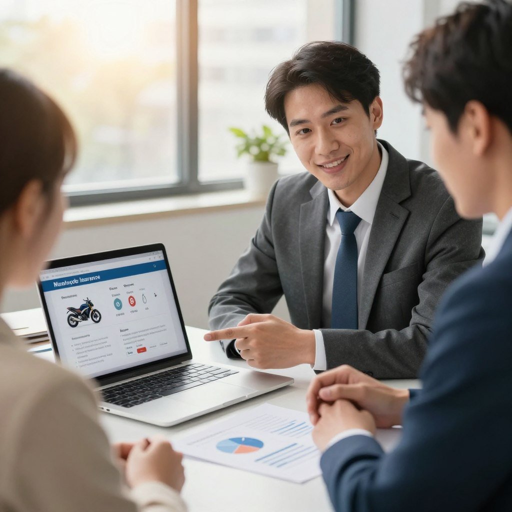 A vibrant office setting showcasing a professional insurance agent discussing motorcycle insurance options with a customer. In the foreground, focus on the agent, a man in smart business attire, pointing at an open laptop displaying comparative pricing for affordable motorcycle insurance. In the middle, capture a clean desk with documents and charts about discounts and benefits of motorcycle insurance. In the background, include a large window letting in warm, natural light that enhances the inviting atmosphere. The tone is optimistic and informative, emphasizing the importance of finding the right insurance at a good price. The image should be well-composed, with a slight depth of field to highlight the interaction between the agent and the customer.