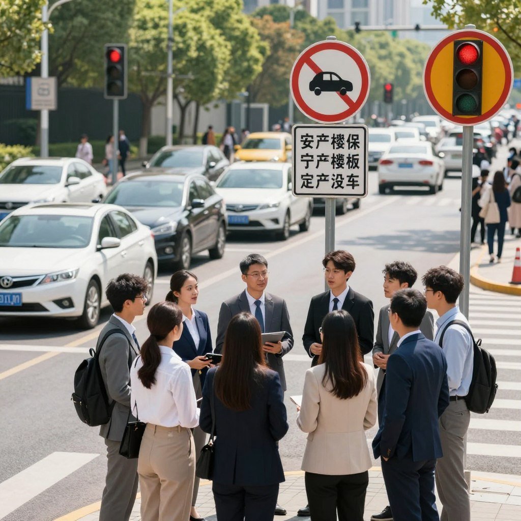 A vibrant scene depicting a bustling traffic intersection, emphasizing the theme of traffic education. In the foreground, a diverse group of young adults dressed in professional business attire is attentively engaging in a lively discussion while looking at a traffic sign that illustrates safe driving tips. The middle ground features vehicles stopped at a red light, showcasing a variety of makes and models, while clearly visible road signs offer educational visuals about road safety. In the background, a sunlit urban landscape with greenery and pedestrians adds to the atmosphere, promoting a sense of community awareness. The lighting is bright and cheerful, capturing a hopeful and informative mood. The composition is framed at eye level, creating an inviting perspective that emphasizes the importance of safe driving education for all.