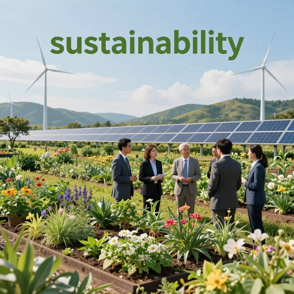 A vibrant scene depicting "sustainability" in a lush, green landscape. In the foreground, diverse plants and flowers bloom harmoniously, symbolizing biodiversity. A group of individuals in professional business attire engage in an energetic discussion around a sustainable urban garden, showcasing collaboration and innovation. The middle ground features solar panels and wind turbines, integrating technology with nature. In the background, a clear blue sky complements rolling hills, emphasizing a sense of peace and balance. Soft, natural lighting illuminates the scene, creating a warm and inviting atmosphere. Capture the essence of hope for the future, with elements that reflect environmental consciousness and community engagement.