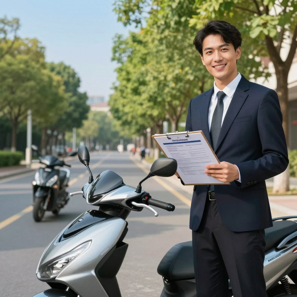 A vibrant scene depicting the advantages of motorcycle insurance in a professional setting. In the foreground, a confident businessperson in professional attire stands next to a sleek motorcycle, smiling and holding a clipboard with insurance documents. The middle ground showcases a serene street with parked motorcycles and green trees lining the avenue, symbolizing safety and community. In the background, a clear blue sky enhances the sense of security and optimism. Natural sunlight casts a warm glow over the scene, creating an inviting atmosphere. The angle is slightly tilted to capture both the motorcycle and the person, emphasizing the connection between rider and insurance. The overall mood is positive, informative, and encouraging, reflecting the benefits of having motorcycle insurance without any text or distractions.