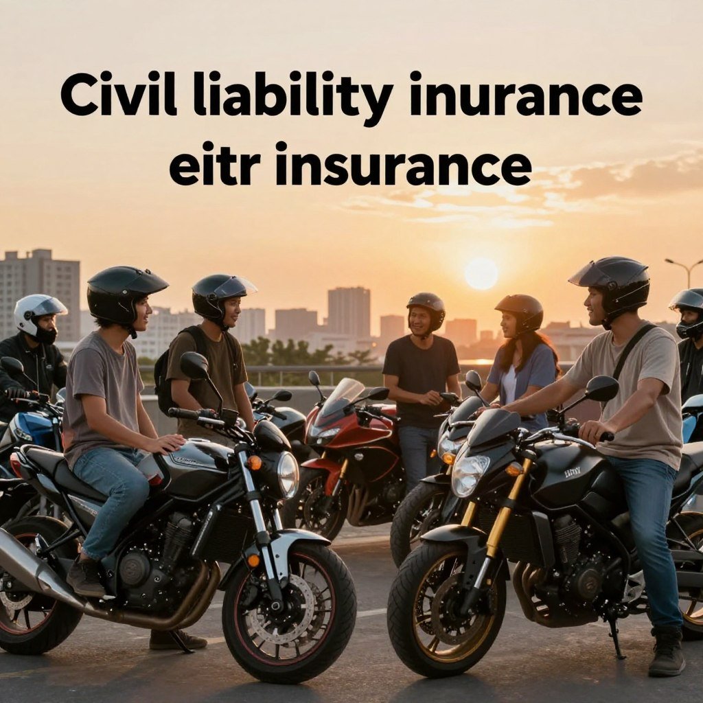 A vibrant scene depicting the benefits of civil liability insurance for motorcyclists. In the foreground, a diverse group of motorcyclists in modest casual clothing shares a moment of camaraderie, smiling and discussing their bikes. The middle ground features various motorcycles parked, showcasing their unique designs. In the background, a cityscape at sunset adds depth, with warm, golden lighting illuminating the scene, creating a sense of safety and community. The atmosphere is optimistic and engaging, reflecting the protective nature of insurance. The image should evoke a sense of security and connection among motorcyclists, emphasizing the value of civil liability coverage in their lives.
