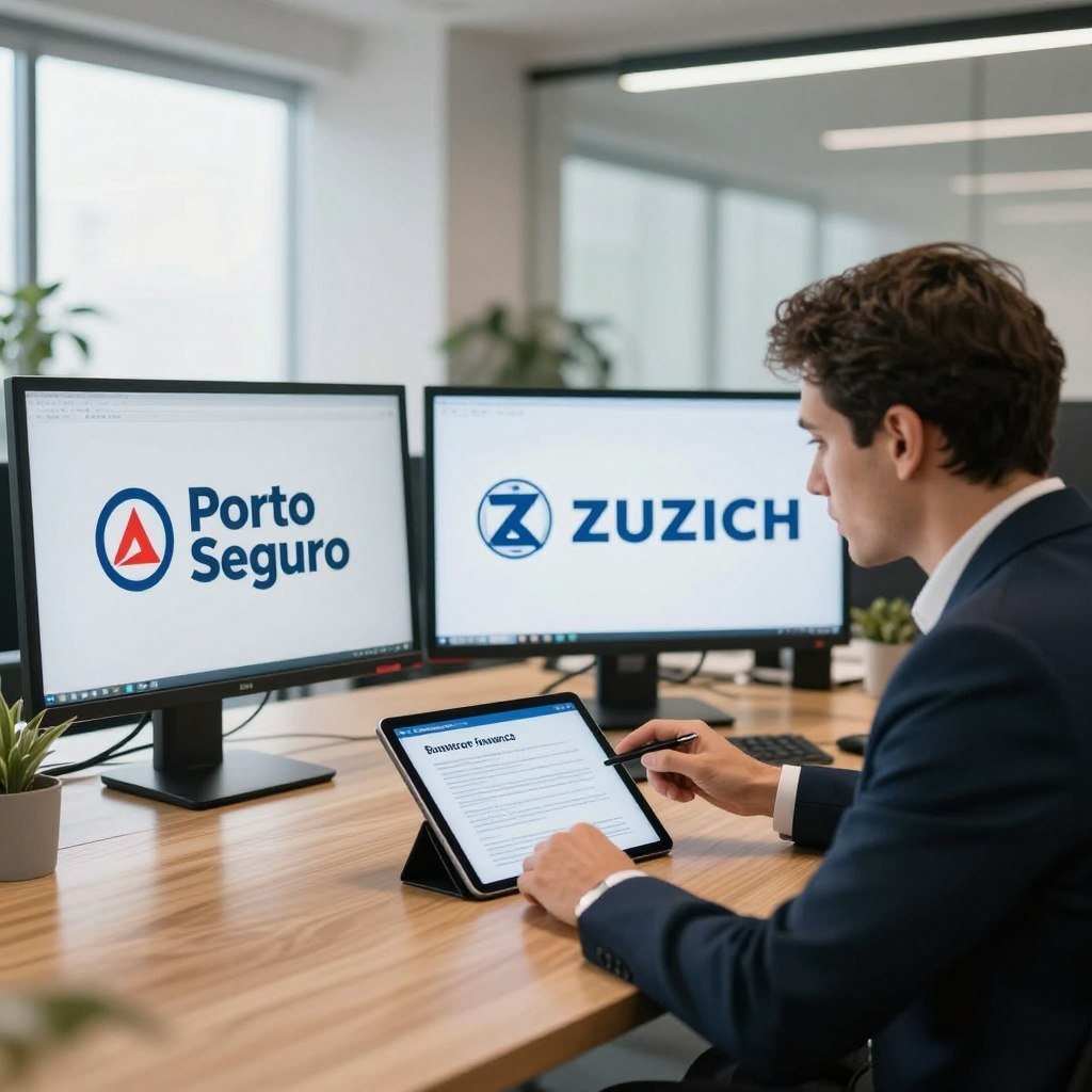 A visual representation of a modern office environment showcasing the top used car insurance companies in Brazil. The foreground features a sleek wooden desk with two professionals in business attire discussing over a tablet displaying insurance documents. In the middle ground, there are logos of prominent insurance companies like Porto Seguro and Zurich emblazoned on digital screens behind them. The background is a bright, open office with large windows allowing natural light to illuminate the scene, adding a sense of professionalism and trust. The atmosphere is focused and collaborative, highlighting the importance of insurance for used cars. Use a soft focus lens to create a warm yet professional ambiance.