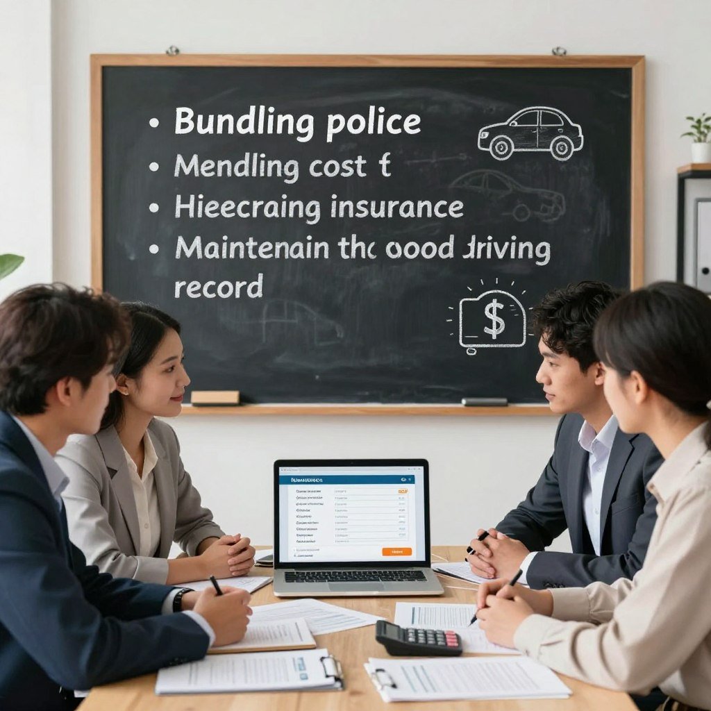 A visually appealing and informative scene illustrating tips to reduce the cost of used car insurance. In the foreground, a diverse group of three professionals, dressed in smart casual attire, gathered around a table filled with documents, calculators, and a laptop displaying insurance quotes. In the middle ground, a large chalkboard showcases bullet points highlighting strategies such as bundling policies and maintaining a good driving record, accompanied by simple illustrated icons like cars and dollar signs. The background features a cozy office environment with soft, natural lighting filtering through a window, creating a warm and inviting atmosphere. The image conveys a sense of collaboration and knowledge-sharing, emphasizing practicality and financial wisdom in making informed insurance decisions.