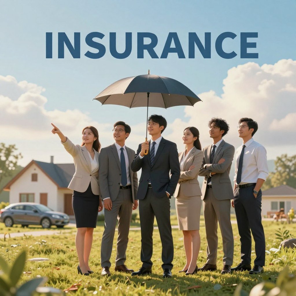 A visually captivating scene illustrating the advantages of having insurance. In the foreground, a diverse group of five individuals dressed in professional business attire, standing together, symbolizing security and collaboration. They radiate confidence and optimism, with one person pointing towards a bright future. In the middle ground, a serene landscape featuring a cozy home, a new car, and a financial security umbrella subtly blending into the environment, representing protection and peace of mind. The background showcases a clear blue sky with soft, fluffy clouds, suggesting stability and hope. The light is warm and inviting, casting gentle shadows and highlighting the subjects. The overall mood is positive, emphasizing safety, trust, and the benefits of being insured.