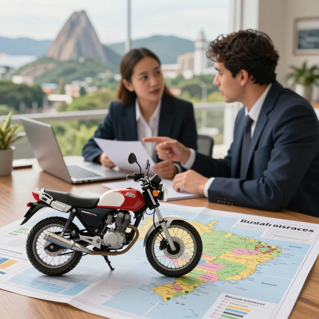 A visually compelling scene depicting a motorcycle insurance price comparison set against the backdrop of Brazil's diverse landscapes. In the foreground, a detailed illustration of a well-maintained used motorcycle perched on a table covered with regional maps and graphs highlighting price variations. The middle ground features two professional individuals dressed in smart casual attire, discussing the insurance options with laptops open, exuding a collaborative atmosphere. In the background, iconic Brazilian landmarks subtly emerge, blending into the scenery to evoke a sense of local context. Soft, natural lighting illuminates the scene, casting light that reflects hope and security, symbolizing the importance of motorcycle insurance. The angle should capture the essence of conversation and insight, inviting viewers to consider their insurance choices.