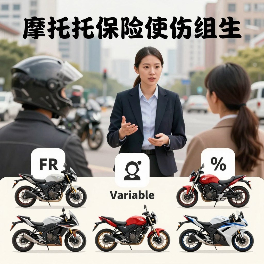 A visually engaging and informative illustration depicting different types of motorcycle insurance deductibles. In the foreground, showcase a diverse range of motorcycle models, each paired with icons representing various deductible types such as fixed, variable, and percentage deductibles. In the middle, position a professional insurance agent explaining the concepts, dressed in smart business attire, engaged with a potential customer. The background features a blurred urban landscape to represent the dynamic environment of motorcycle riders. Use soft, balanced lighting to create a professional and approachable atmosphere, with a slight focus blur on the background to enhance the clarity of the foreground elements. The overall mood should be informative and engaging, inviting readers to understand their insurance options better.