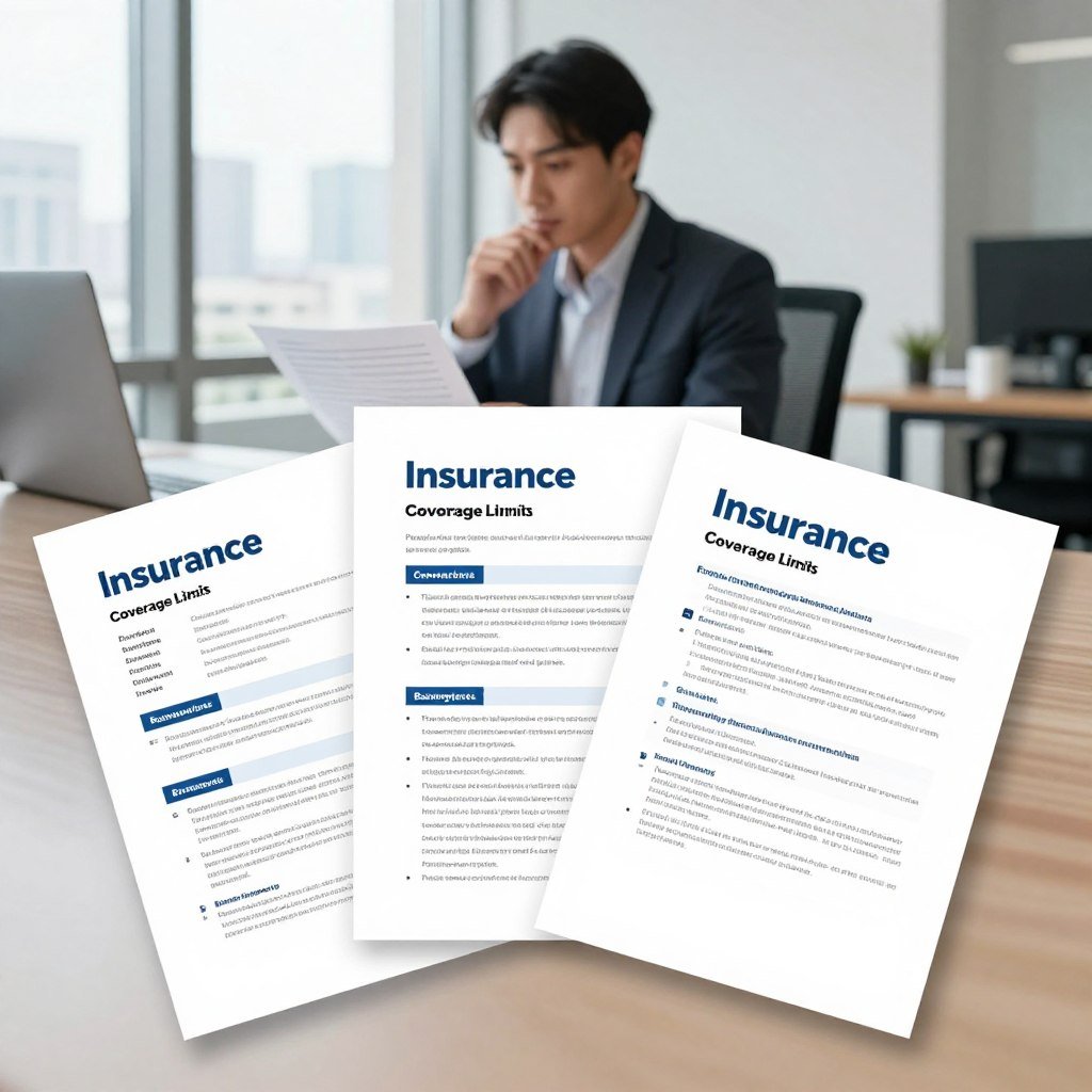 A visually engaging comparison of insurance options, featuring a modern, sleek infographic style. In the foreground, display three distinct insurance policy documents, each highlighting key factors such as premiums, coverage limits, and benefits. These papers should be arranged in a fan-like layout. The middle ground showcases a business professional, dressed in smart attire, analyzing these documents with a thoughtful expression. In the background, include a light-filled office environment with a large window, revealing a cityscape, which conveys a sense of professionalism and opportunity. Soft, natural lighting illuminates the scene, creating a calm and informed atmosphere. The overall mood should inspire clarity and diligence in the process of comparing insurance options.