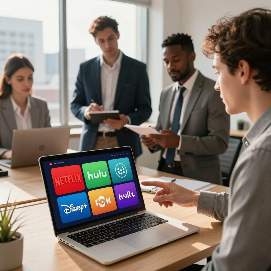 A visually engaging comparison of streaming services, featuring a modern, sleek workspace. In the foreground, a high-quality laptop displays colorful icons of popular streaming platforms like Netflix, Hulu, and Disney+, arranged side by side. In the middle ground, a diverse group of three professionals, dressed in smart business attire, engage in discussion, pointing at the screen, and taking notes. In the background, a large window reveals a bright, sunny cityscape, enhancing the office atmosphere. The lighting should be warm and inviting, with soft shadows casting a professional yet relaxed mood. Capture this scene from an elevated angle, focusing on the interaction among the individuals and the vibrant streaming icons.