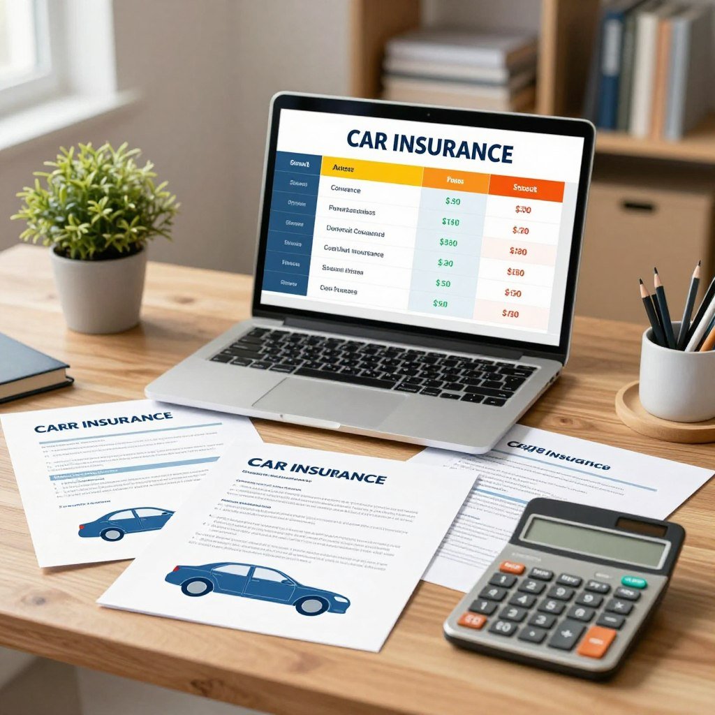 A visually engaging illustration depicting a price comparison of car insurance options, featuring a well-organized infographic layout. In the foreground, display various car insurance policy documents and a calculator on a wooden desk, emphasizing a professional atmosphere. In the middle ground, showcase a laptop or tablet with a vibrant comparison chart displaying different insurance premiums, coverage levels, and discount options, all in an easily understandable format. The background should feature a cozy office environment, complete with soft lighting, a potted plant, and bookshelves filled with reference materials. The overall mood should be informative and inviting, encouraging viewers to feel empowered in their insurance choices. Employ a warm color palette for a welcoming feel.