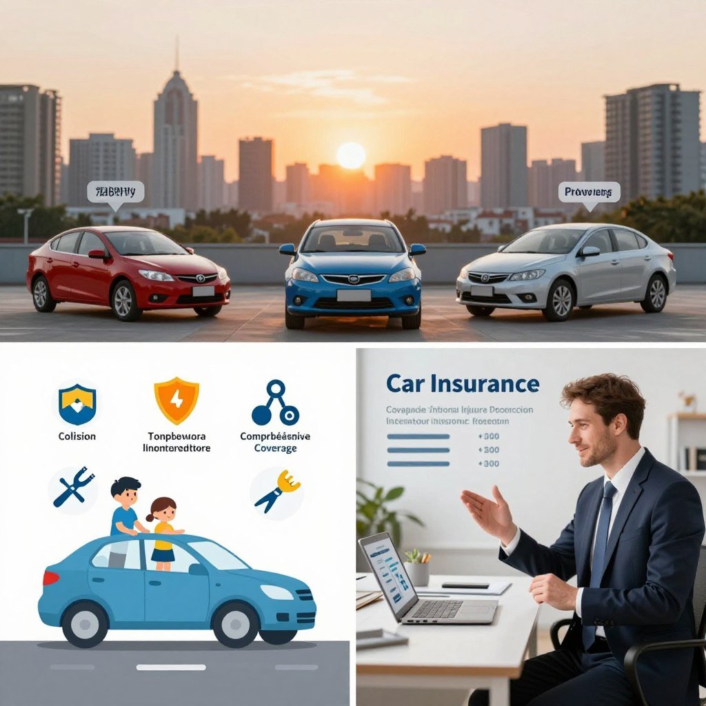 A visually engaging illustration depicting different types of car insurance coverage. In the foreground, showcase a split-screen design: on one side, a family car with icons representing collision and comprehensive coverage, like shields and repair tools. On the other side, a provider’s office with a professional in business attire explaining coverage options with a laptop open displaying infographics. The middle ground features various car models with subtle labels indicating liability and personal injury protection benefits. In the background, a cityscape at sunset provides a warm, inviting atmosphere. Use bright, natural lighting with a slight bokeh effect to create an optimistic mood, symbolizing security and safety in car insurance. The composition should be clear and informative, devoid of any text or overlays.