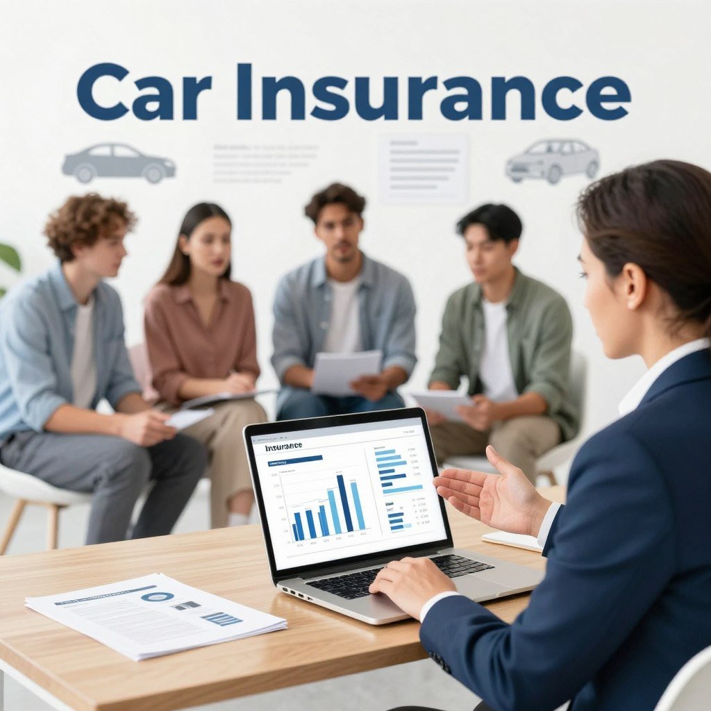 A visually engaging illustration depicting how car insurance works. In the foreground, a confident insurance agent in professional attire is explaining the insurance process with a laptop displaying statistics and graphs. The middle ground features a diverse group of individuals—two men and one woman—engaged in a discussion about their car insurance options, all in modest casual clothing, highlighting inclusivity. In the background, there are images of cars and various insurance documents, subtly incorporated to enhance understanding. The lighting is bright and inviting, creating a sense of clarity and trust. The overall mood is informative and professional, emphasizing the importance of choosing the right car insurance. The composition should maintain a clean and organized layout, without any text or distractions.