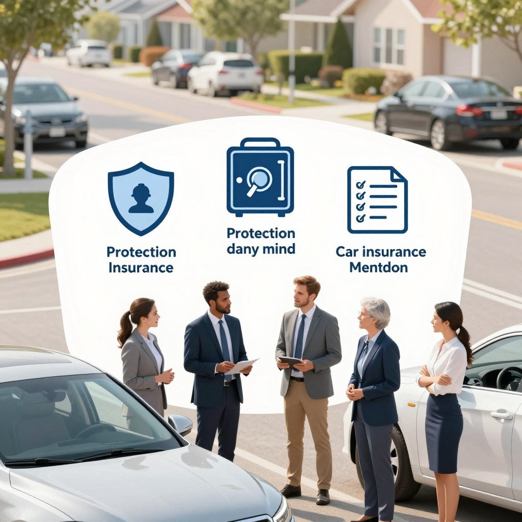 A visually engaging illustration representing the advantages of car insurance. In the foreground, a diverse group of professionals in business attire discusses confidently beside a sleek car, embodying security and trust. In the middle ground, a visual array of benefits, depicted through iconography such as a shield, a safe, and a checklist, emphasizes protection, peace of mind, and financial stability. The background features a serene suburban street with clean, well-maintained vehicles, suggesting safety and community. Soft, natural lighting creates an inviting atmosphere, while a slight tilt-angle perspective from below enhances the sense of importance of car insurance in everyday life. The overall mood conveys reassurance and positivity, showcasing the value of investing in car insurance. A visually engaging illustration representing the advantages of car insurance. In the foreground, a diverse group of professionals in business attire discusses confidently beside a sleek car, embodying security and trust. In the middle ground, a visual array of benefits, depicted through iconography such as a shield, a safe, and a checklist, emphasizes protection, peace of mind, and financial stability. The background features a serene suburban street with clean, well-maintained vehicles, suggesting safety and community. Soft, natural lighting creates an inviting atmosphere, while a slight tilt-angle perspective from below enhances the sense of importance of car insurance in everyday life. The overall mood conveys reassurance and positivity, showcasing the value of investing in car insurance.